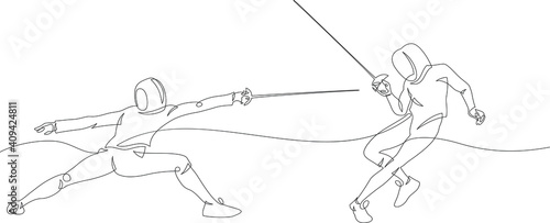 Continuous line drawing of two fencer. Fensing sport vector illustration