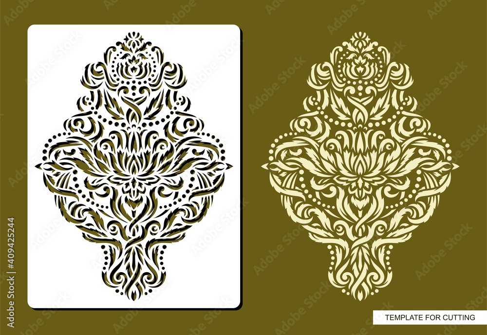 Stencil with a floral pattern. Rhombus shape. Luxurious ornament of intertwining leaves, garlands of dots, flowers, curls. Natural theme. Template for laser plotter cutting of paper, cardboard. Vector