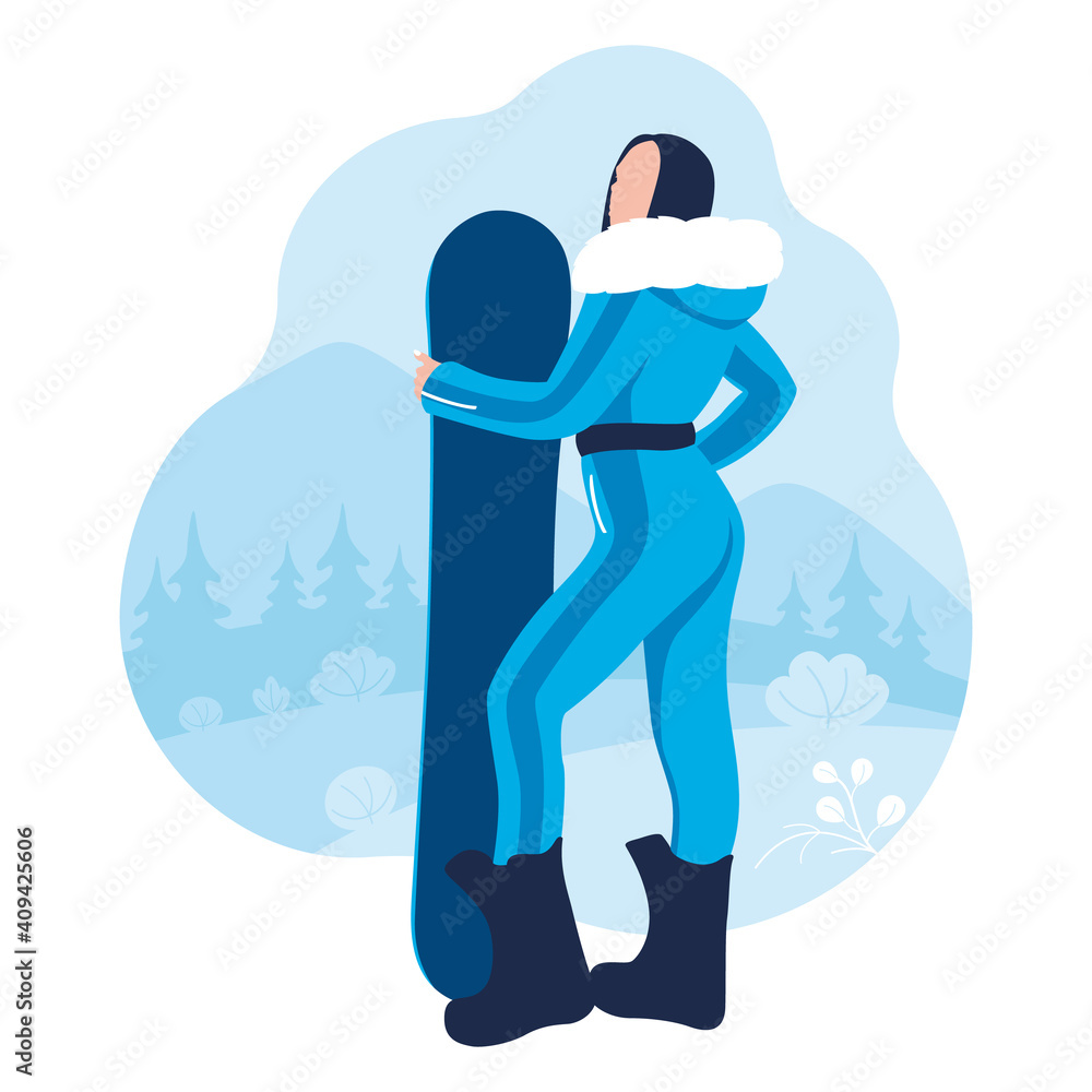 Girl with a snowboard in his hands. Women's snowboard. Flat design. Vector illustration on a white background. Girl with a snowboard in his hands. Women's snowboard. Flat design. Vector illustration on a white background.
