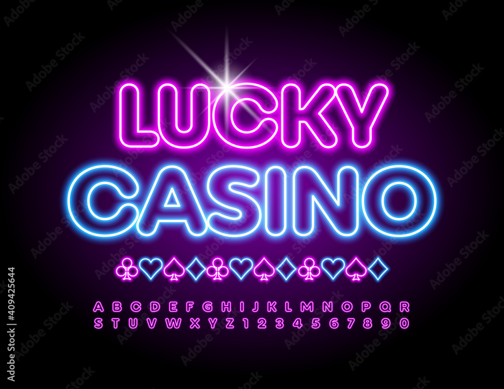 Vector creative banner Lucky Casino. Glowing bright Font. Neon Alphabet Letters and Numbers set