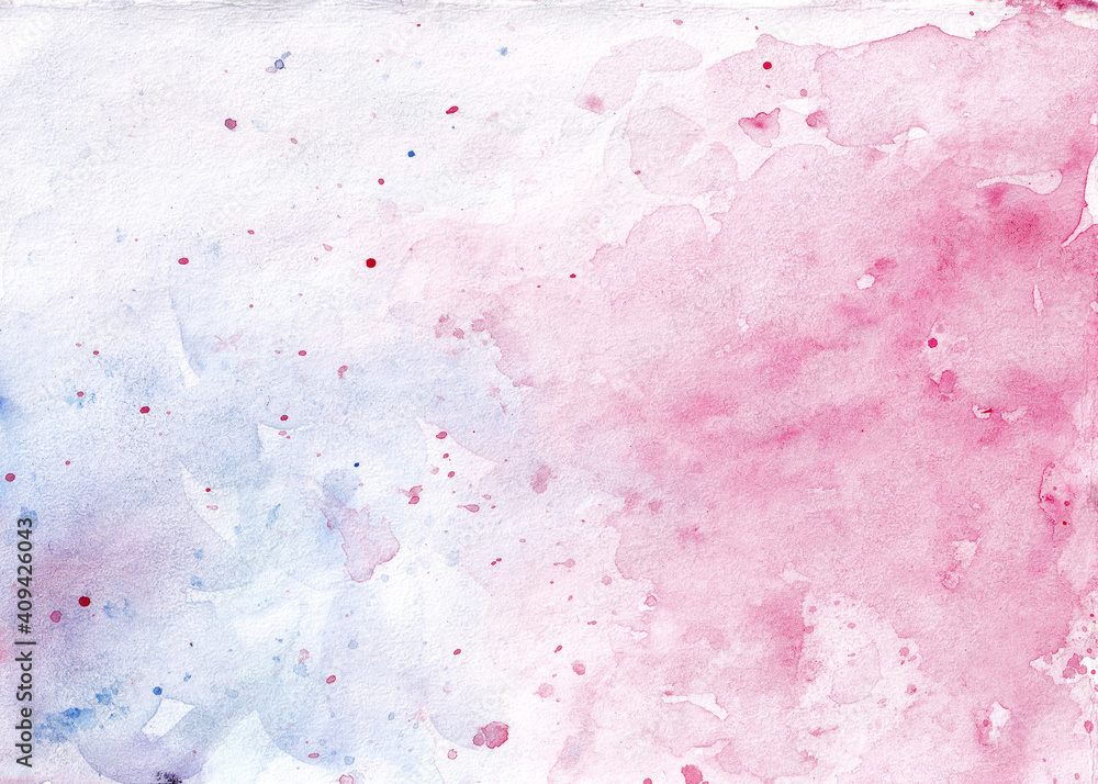 abstract watercolor background. pink and blue spots, blots, splashes. paint texture