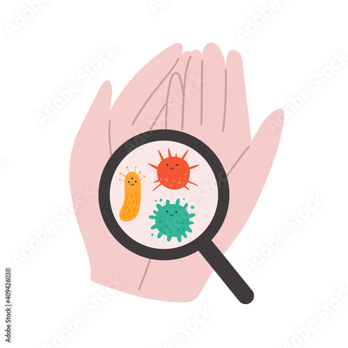 Cute vector illustration with hands, loupe and bacteria on it. Cartoon doodle style. Concept of medical protection from microbes. Prevent the spread of virus. Covid-19. For blog, articles