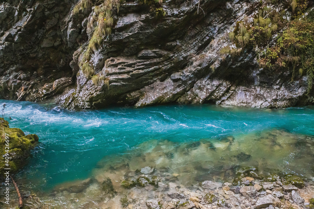 Blue water in a mountain river in Slovenia