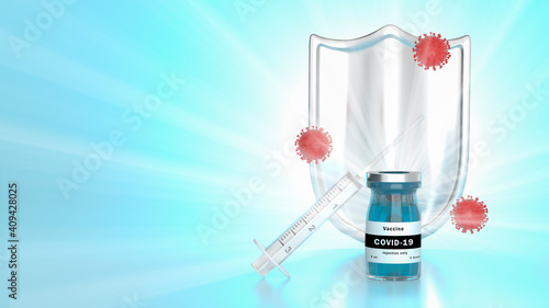 Schilderij op canvas Illustration of a bottle with a vaccine against the Covid-19 coronavirus, a syringe and a shield