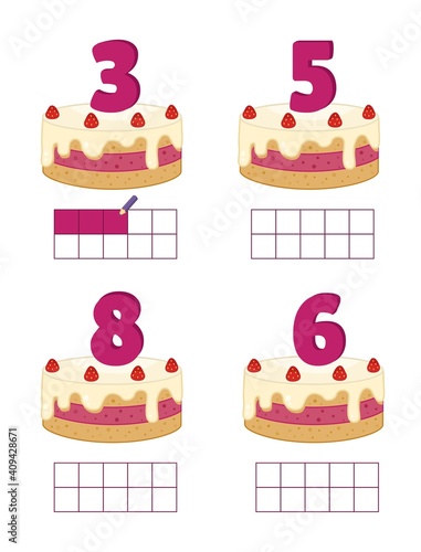 Counting educational children game. Color over the cells according to the number on the cake.
