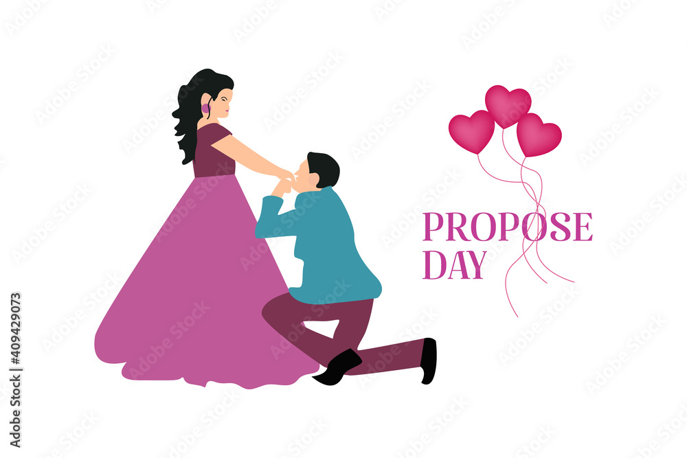 illustration of propose day cartoon style boy proposing to girl colorful background with , heart shape, table and chairs rose flowers vector.
