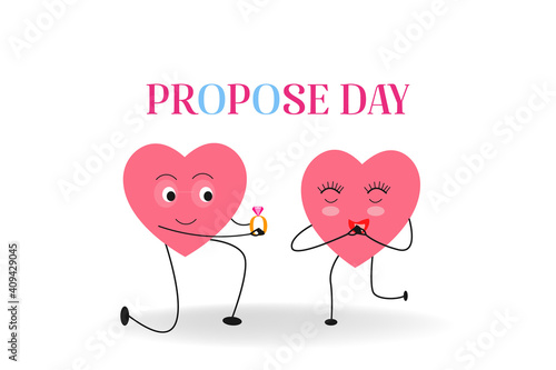 illustration of propose day cartoon style boy proposing to girl colorful background with , heart shape, table and chairs rose flowers vector.
