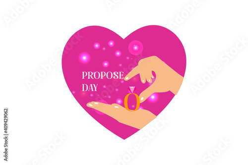 illustration of propose day cartoon style boy proposing to girl colorful background with , heart shape, table and chairs rose flowers vector.
