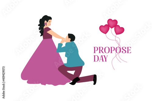 illustration of propose day cartoon style boy proposing to girl colorful background with   heart shape  table and chairs rose flowers vector. 