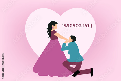 illustration of propose day cartoon style boy proposing to girl colorful background with , heart shape, table and chairs rose flowers vector.
