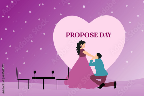 illustration of propose day cartoon style boy proposing to girl colorful background with , heart shape, table and chairs rose flowers vector.
