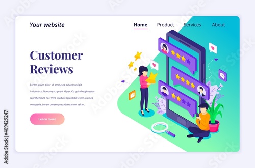 Isometric landing page design concept of Customer reviews concept, People near big smartphone giving feedback. Customers evaluating a product or service. vector illustration