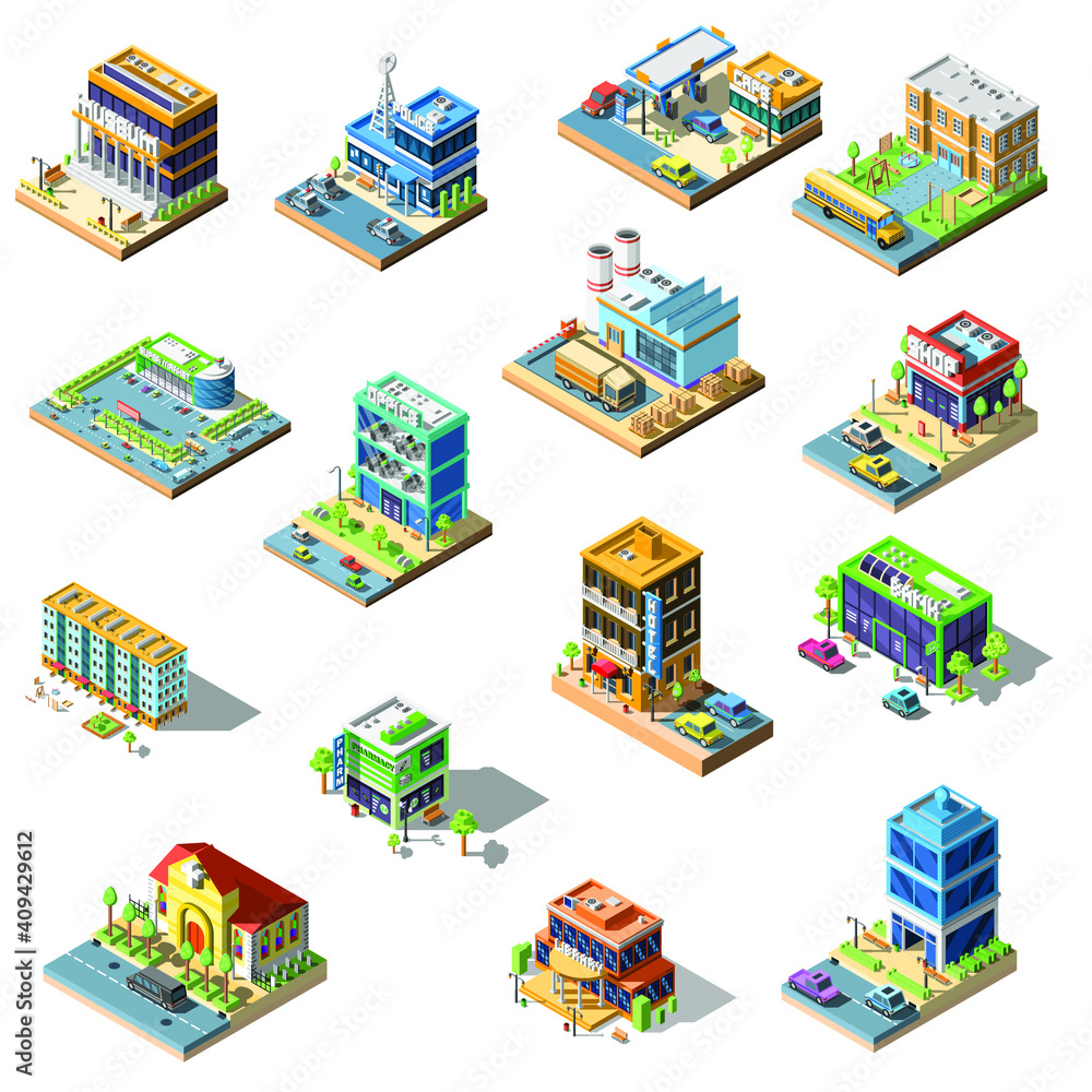 Set Abstract Collection Isometric 3D City Buildings Town Urban Vector Design Style