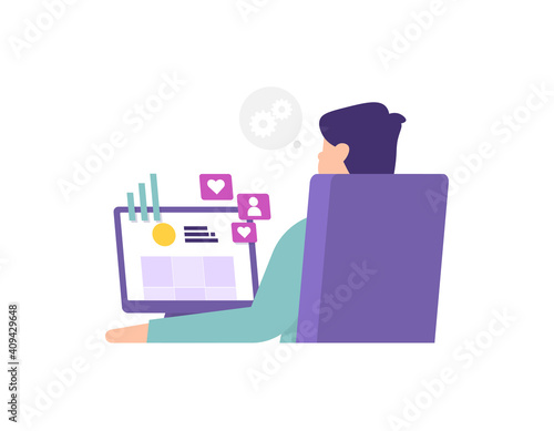 a concept of a social media planner, content creator, digital marketing. illustration of a social media admin operating or using a computer. chart and heart symbols. flat style. vector design element