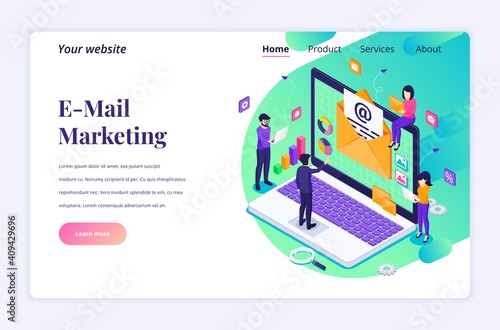 Isometric landing page design concept of Email marketing, mailing services with people work near a giant laptop. vector illustration