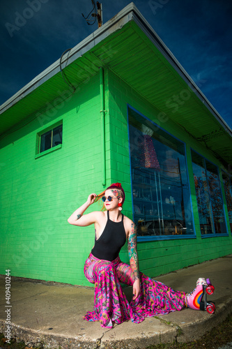 Thrift Store Roller Skate Girl on Green