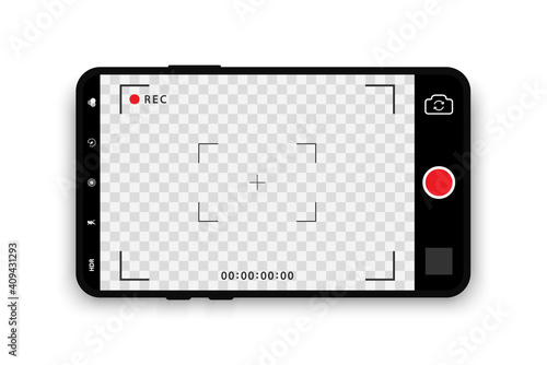 Camera interface in phone screen. Camera screen phone mobile interface app. Photo, video ui in cellphone. Smartphone mockup for photography, selfie and video. Vector illustration