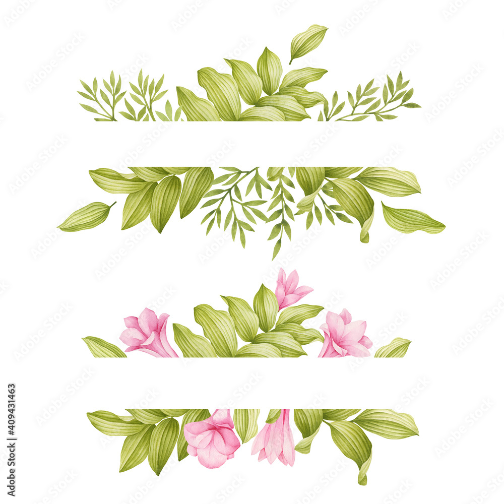 Watercolor frames with pink flowers and green leaves