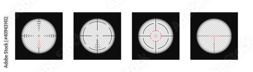 Realistic sniper scope crosshairs view. Set of target and aim, targeting and aiming. Rifle optical sight. Sniper scope template isolated on transparent background. Vector illustration
