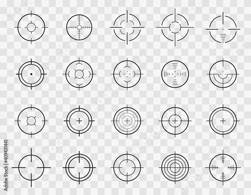 Set of target and aim, targeting and aiming. Creative vector illustration of crosshairs icon set isolated on transparent background. Focus sniper, sight military for shoot. Vector illustration