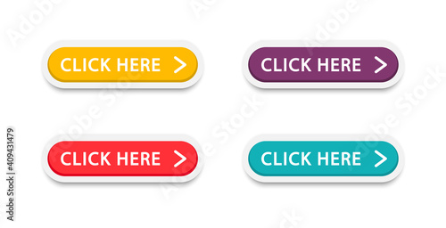 Click here button with arrow pointer clicking icon. Click here vector web button. Web button with action of arrow pointer. Click here, UI button concept. Vector illustrationB