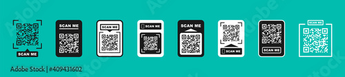 QR code scan for smartphone. Qr code frame vector set. Template scan me Qr code for smartphone. QR code for mobile app, payment and phone. Scan me phone tag. Vector illustration.