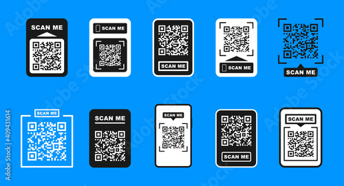 QR code scan for smartphone. Qr code frame vector set. Template scan me Qr code for smartphone. QR code for mobile app, payment and phone. Scan me phone tag. Vector illustration.