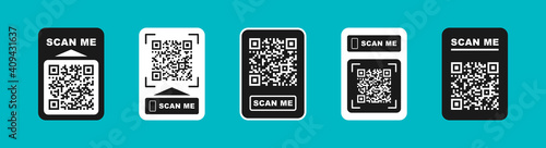 QR code scan for smartphone. Qr code frame vector set. Template scan me Qr code for smartphone. QR code for mobile app, payment and phone. Scan me phone tag. Vector illustration.