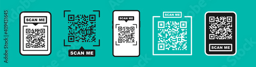 QR code scan for smartphone. Qr code frame vector set. Template scan me Qr code for smartphone. QR code for mobile app, payment and phone. Scan me phone tag. Vector illustration.