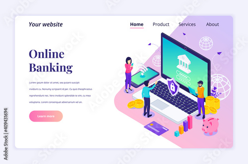 Modern flat isometric design concept of Online Banking with characters. Online financial investment for website and mobile website. Landing page template. vector illustration