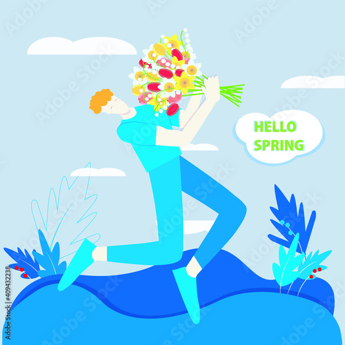 Hello spring banner. Boy adore spring flowers bouquet. Modern blue color illustration for web, for print, for postcard