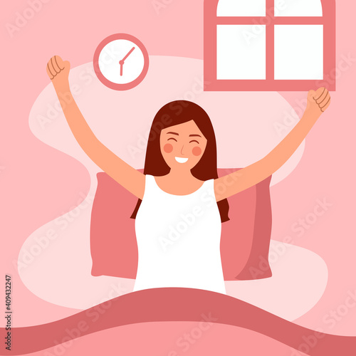Smiling woman wake up in the morning in flat design. Happy girl has full relaxation sleep in bedroom and start new day with happiness.