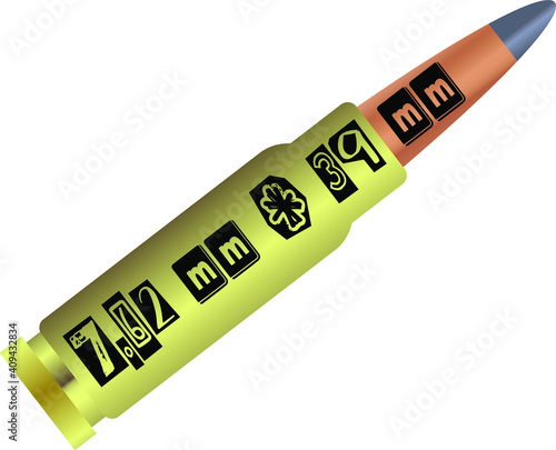 the live cartridge is located diagonally with a black inscription 7.62 mm  39 mm