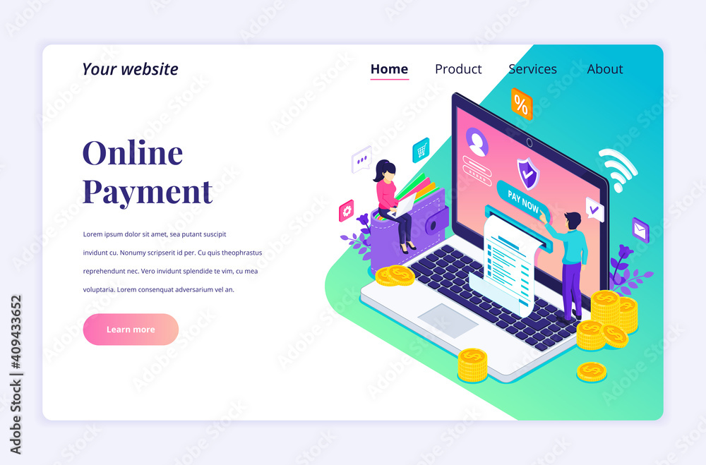 Modern flat isometric design concept of Online Payment, money transfer with characters for website and mobile website. Landing page template. vector illustration