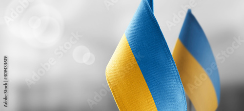 Small national flags of the Ukraine on a light blurry background photo
