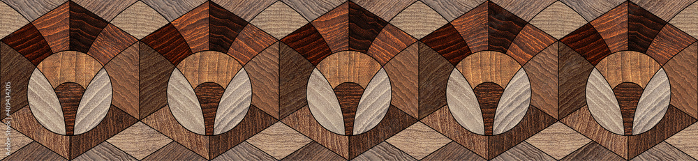 Artistic parquet. Design floor for a modern interior. Art nouveau