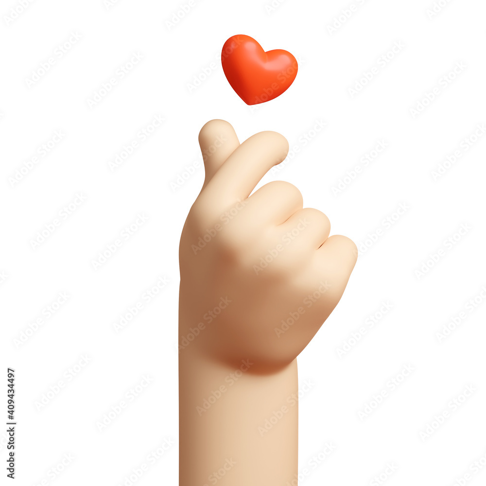Fototapeta premium Stylized Cartoon 3D Rendering Hand Gesture Represents the Finger Heart Symbol, a Message of Love