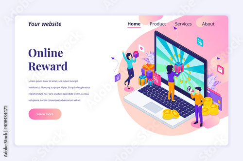 Isometric landing page design concept of Online reward. A group of happy people receive a gift box from Online loyalty program. vector illustration