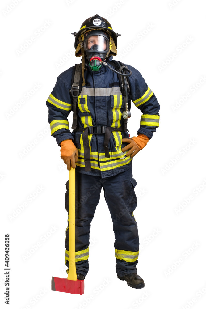 Full body young brave man in uniform, hardhat of firefighter and full facepiece respirator holds axe and looking at camera isolated on white background