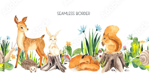 Watercolor woodland seamless border with cute  little Forest Animals for kids. 