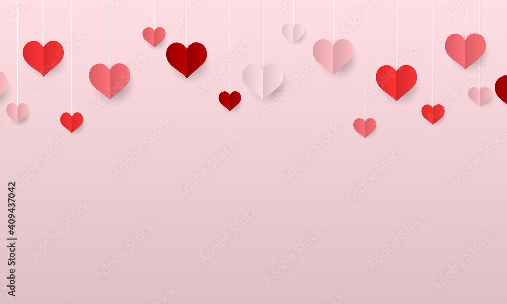 Valentines day background with hanging paper hearts.