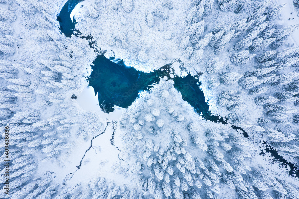 Aerial view on snowy winter forest and icy river. Winter nature landscape from above