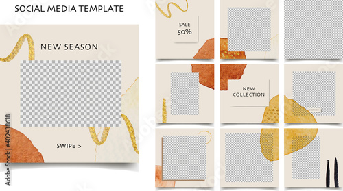 Social media template. Sale promotion. Editable square post frame puzzle. Instagram and facebook editable post. Beije, grey, white, gold, black vector background.