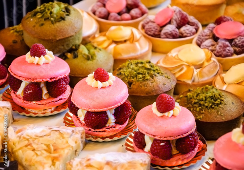 French pastries on display on a confectionery stall at the famous Borough Market (London, England).