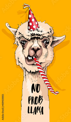 Fun Alpaca in a polka dot party hat, and with a red whistle blowing. No prob llama - lettering quote. Happy Birthday humor card, t-shirt composition, hand drawn style print. Vector illustration.