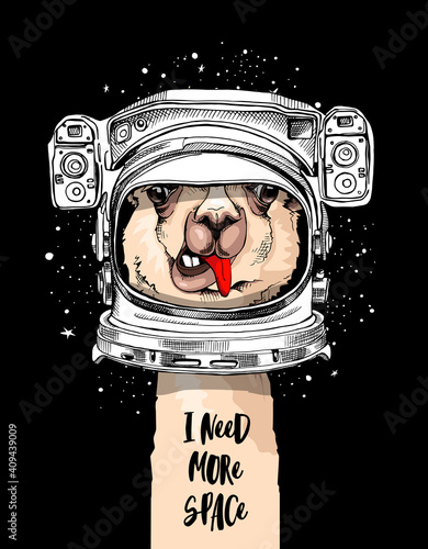 Funny poster. LLama in a Astronaut's helmet. I need more space - lettering quote. Humor card, t-shirt composition, hand drawn style print. Vector illustration.