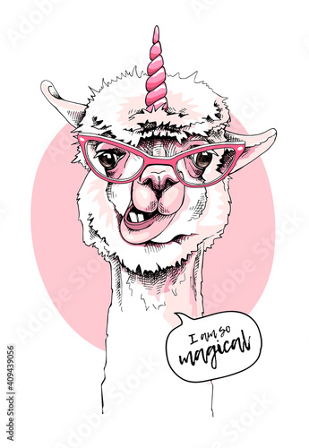 Fun Llama in a pink glasses and with a unicorn horn. I am so magical - lettering quote. Humor card, t-shirt composition, hand drawn style print. Vector illustration.