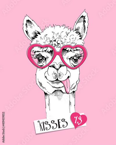 Cute Llama in a pink Hearts Sunglasses. Kisses 1$ - lettering quote. Humor Card of a Valentine's day, t-shirt composition, hand drawn style print. Vector illustration.