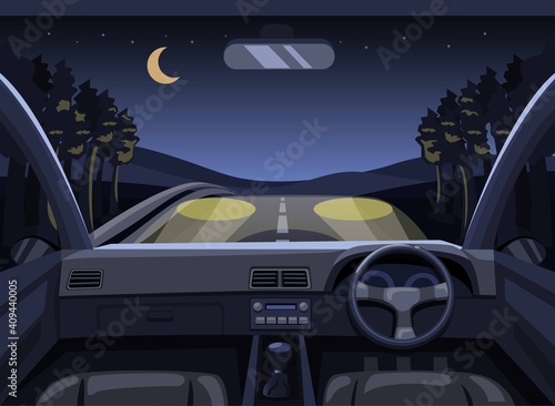 Dashboard car driving in forest at night. point of view driver scene concept in cartoon illustration vector