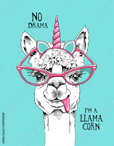 Fun Llama in a pink glasses and in a unicorn mask: ears, horn. No drama, i'm llamacorn - lettering quote. Humor card, t-shirt composition, hand drawn style print. Vector illustration.